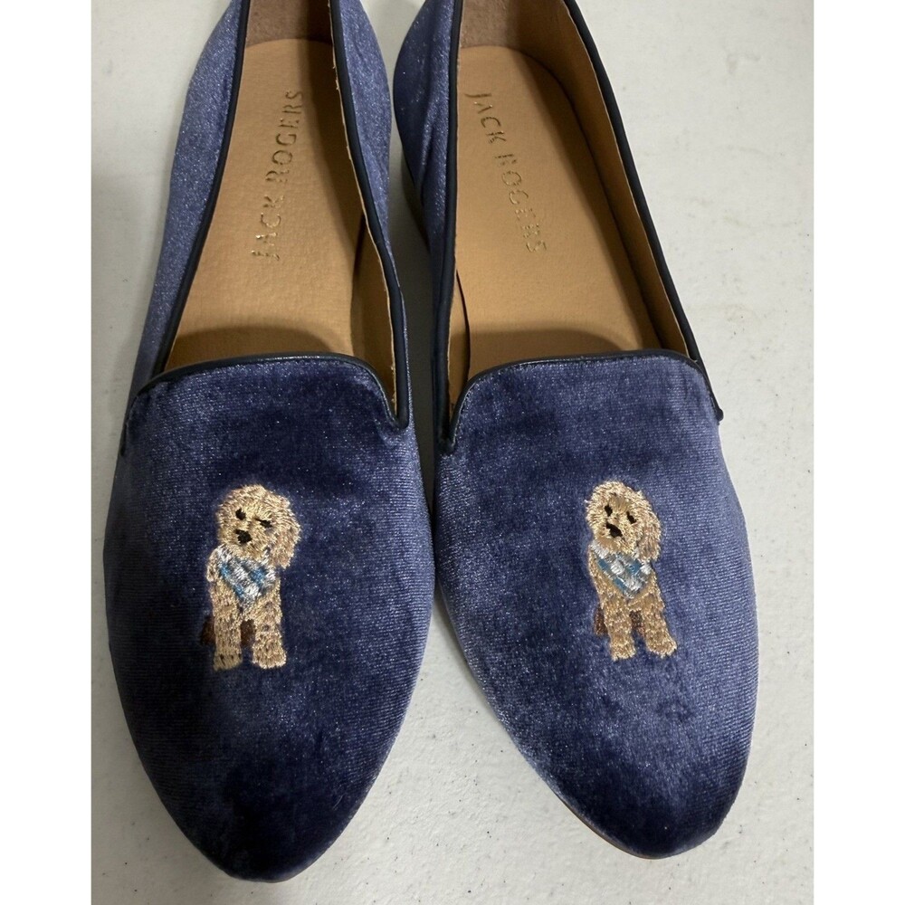 Jack Rogers Goldendoodle Embroidered Blue Velvet Slip On Loafers W 8.5M